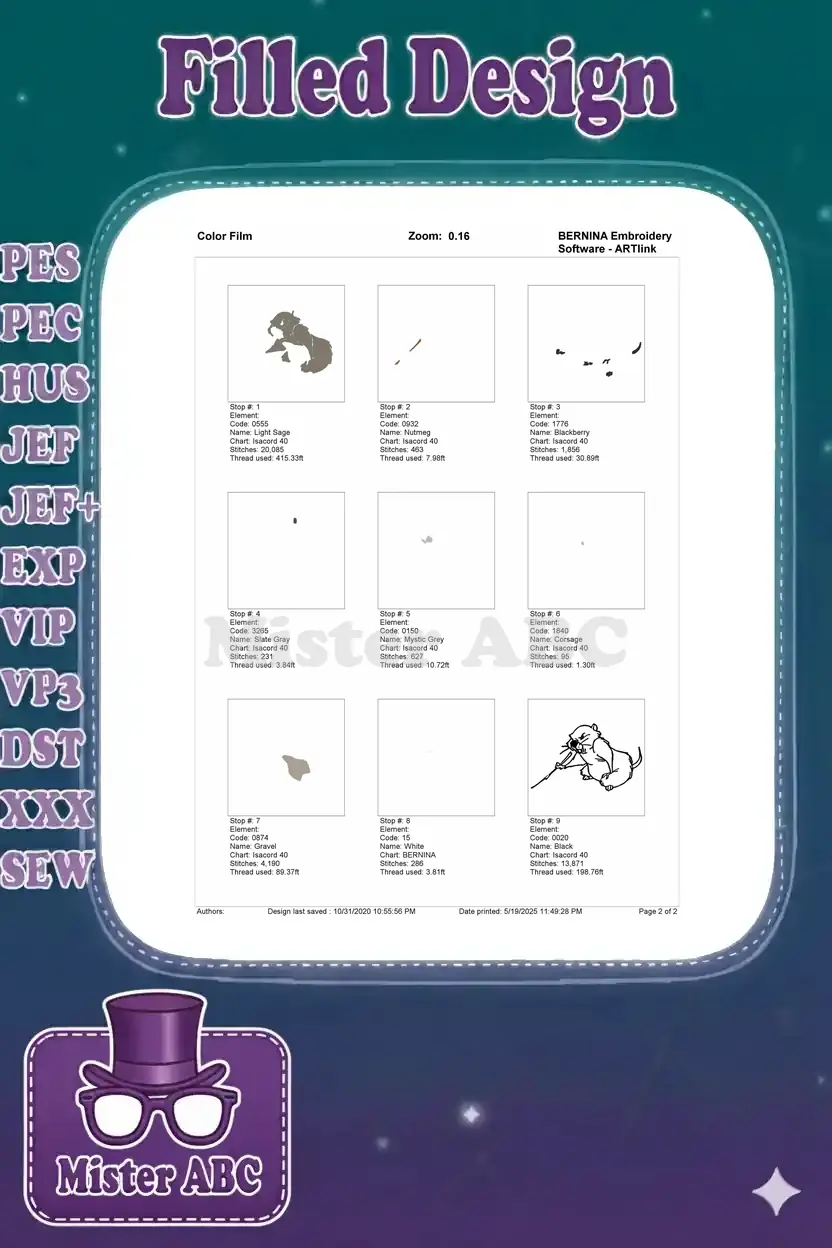 Color film breakdown of the gopher embroidery design, showing individual color elements and stitch order.