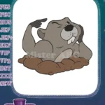 Smiling cartoon groundhog peeking from burrow pointing up embroidery designs - Instant Download