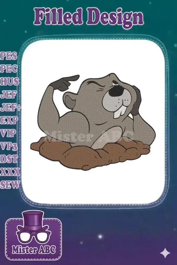 A strong, winking groundhog embroidery design, flexing its arm while relaxing in a cozy brown burrow.