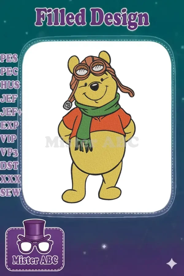Winnie the Pooh embroidery design, dressed as an aviator with goggles, pilot hat, red shirt, and green scarf.