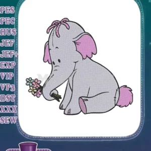 A charming embroidery design of Lumpy the Heffalump, a baby elephant with a pink bow, sitting and holding flowers.