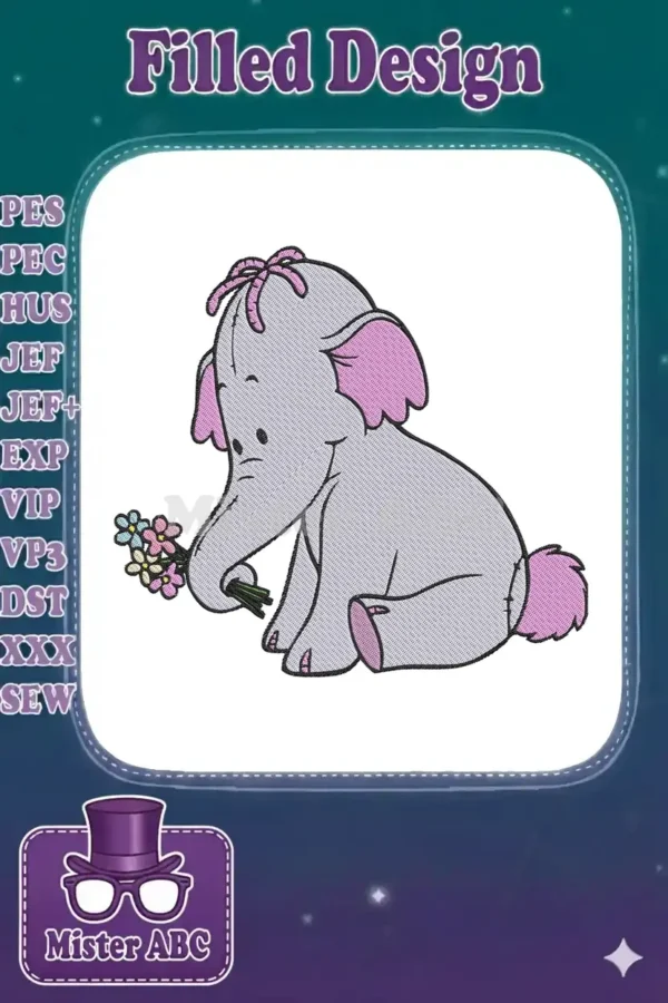 A charming embroidery design of Lumpy the Heffalump, a baby elephant with a pink bow, sitting and holding flowers.