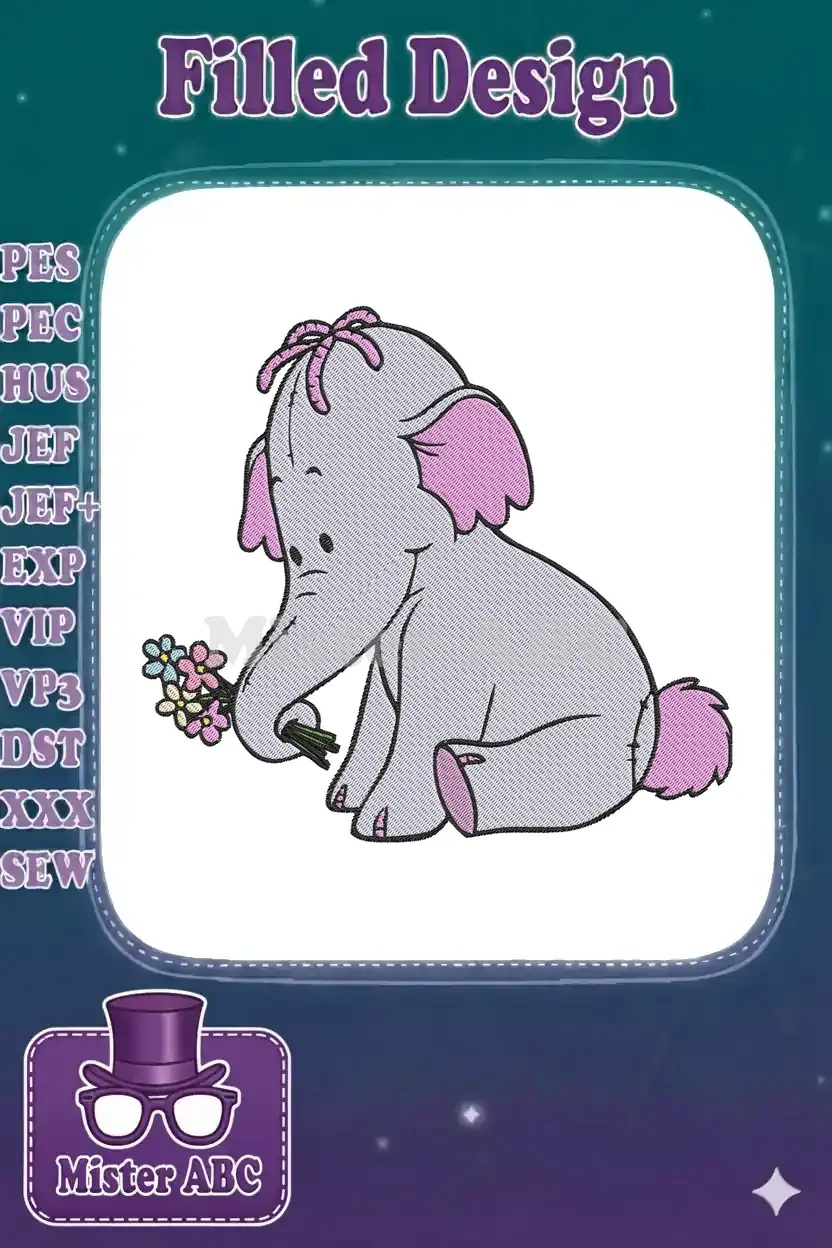 A charming embroidery design of Lumpy the Heffalump, a baby elephant with a pink bow, sitting and holding flowers.