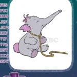 Sweet baby elephant pink bow yellow string raised trunk embroidery designs - Instant Download