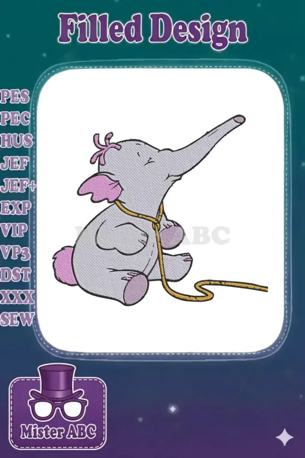 An adorable grey baby elephant embroidery design with pink ears, tail tuft, and a yellow tie, looking upwards.