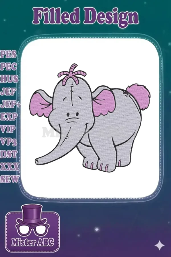 Lumpy the Heffalump machine embroidery design, a cheerful grey elephant with pink ears and hair, smiling.