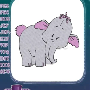 A cute Lumpy Heffalump elephant embroidery design with a lavender body, pink ears, and a sweet expression.