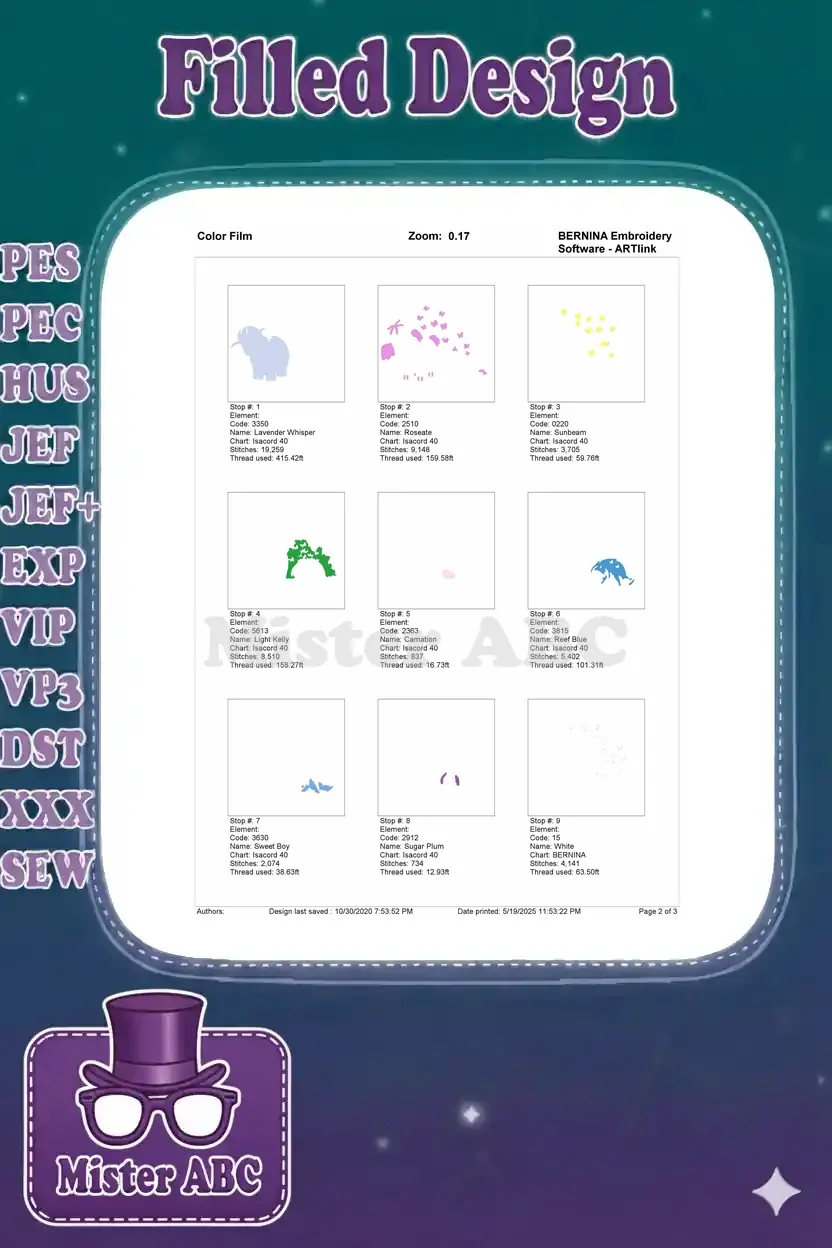 Color film breakdown, page 2 of 3, showing individual embroidery color stops and their stitch details for the design.
