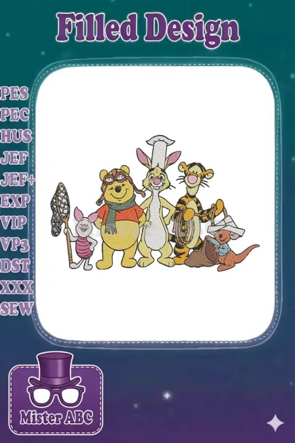 Winnie the Pooh and friends embroidery design featuring Pooh, Piglet, Rabbit, Tigger, and Roo on an adventure.