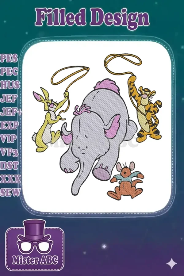 Vibrant embroidery featuring Winnie the Pooh's Rabbit, Tigger, Lumpy, and Roo in a playful circus tent scene.