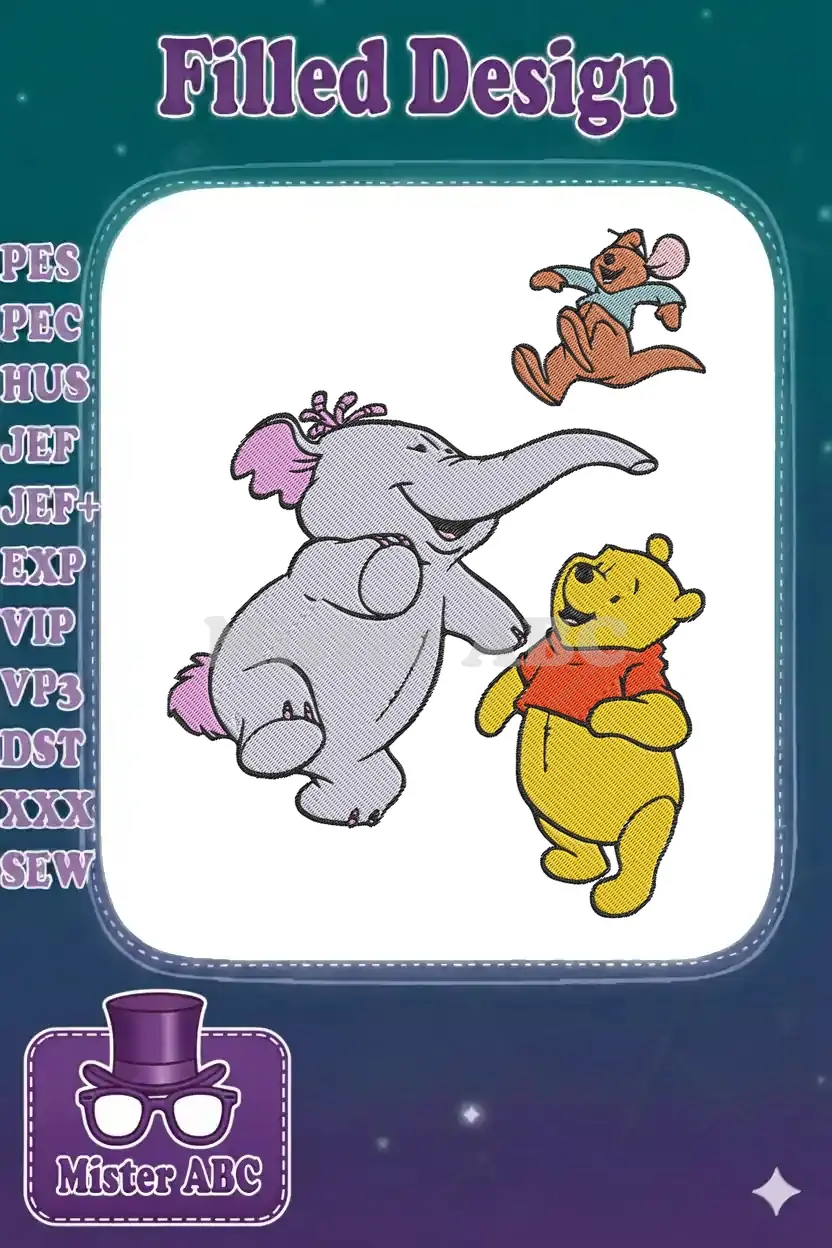 Winnie the Pooh, Lumpy the Heffalump, and Roo from Hundred Acre Wood in a playful, vibrant embroidery design.
