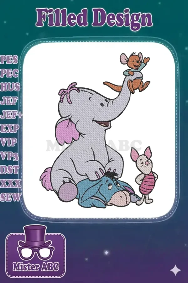 Whimsical embroidery design featuring Lumpy the Heffalump, Eeyore, Piglet, and Roo in a playful group scene.