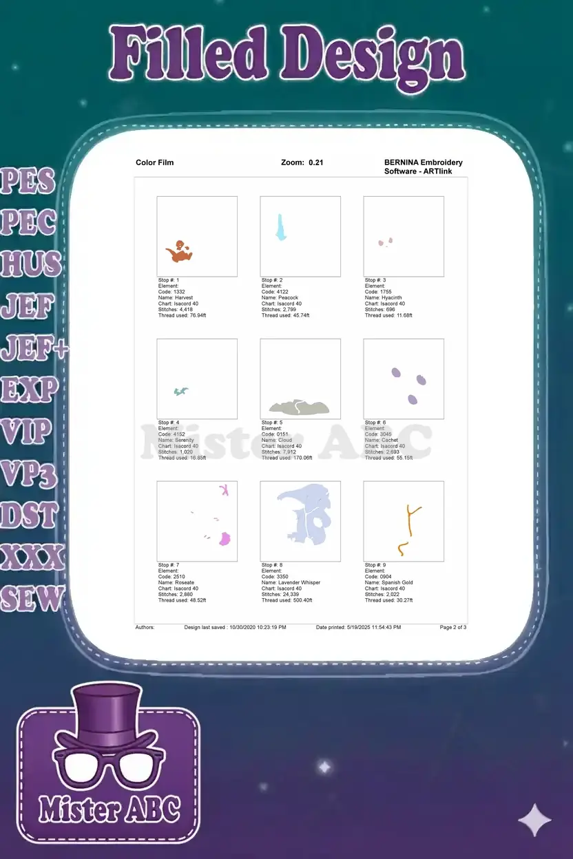 First page of the color film for the Heffalump and Roo embroidery, showing individual color elements.