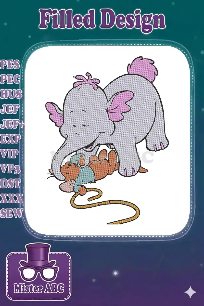 Lumpy the Heffalump gently playing with Roo, a detailed embroidery design featuring their charming friendship.