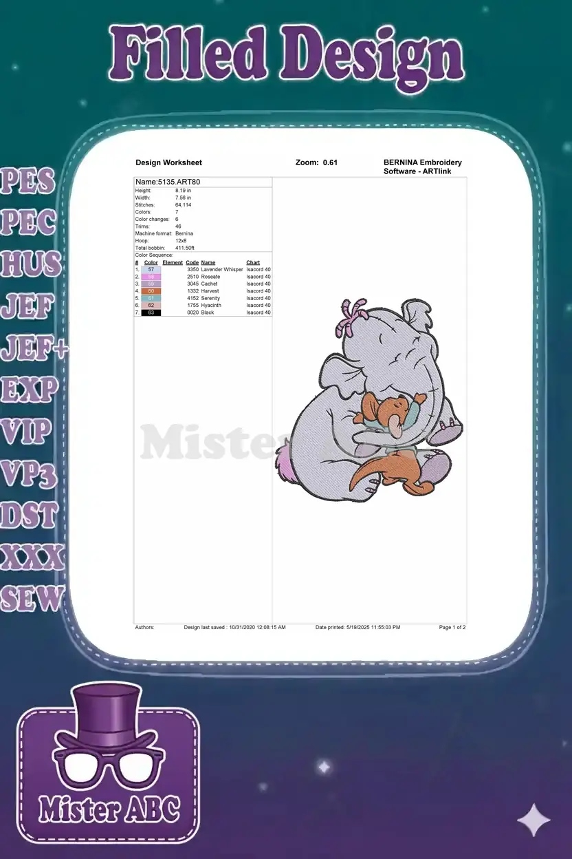 An embroidery design worksheet for Lumpy and Roo, detailing dimensions, stitch count, color sequence, and machine format.