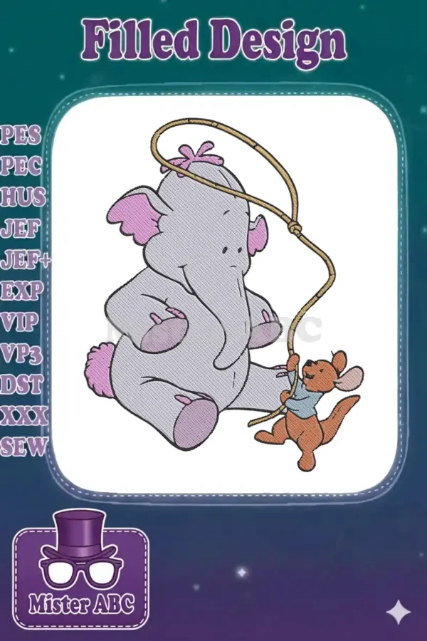 An adorable embroidery of Lumpy the Heffalump and Roo from Winnie the Pooh, playing joyfully with a lasso.