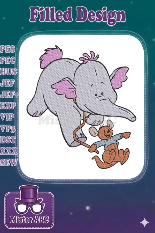 Full color embroidery design showing Lumpy the Heffalump flying, holding hands with Roo, on a white background.