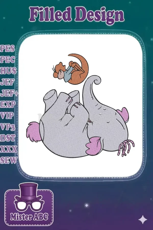 Embroidery design of Lumpy the Heffalump lying on its back with Roo the kangaroo playfully on its belly.
