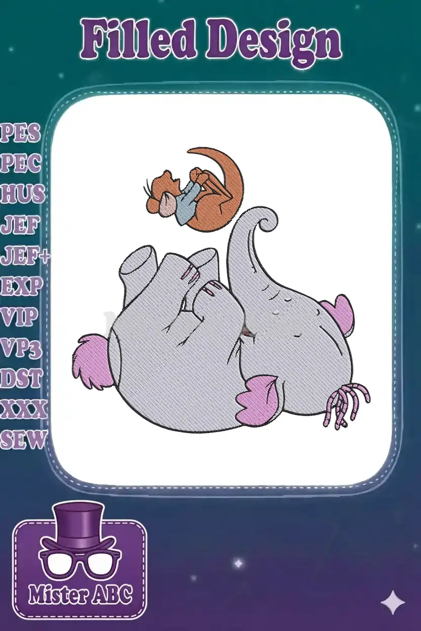 Embroidery design of Lumpy the Heffalump lying on its back with Roo the kangaroo playfully on its belly.