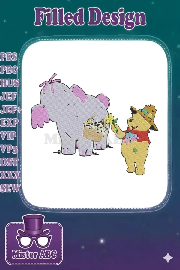 Winnie the Pooh in a straw hat offering flowers to a purple Heffalump with a flower basket, embroidered.