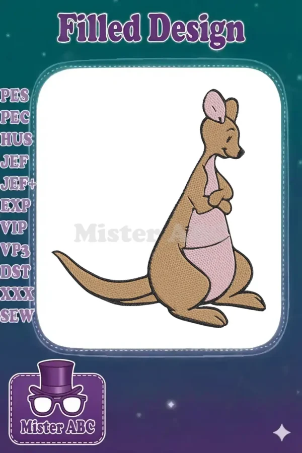 Adorable Kanga embroidery design, sitting gently with arms crossed, featuring warm brown and soft pink hues.