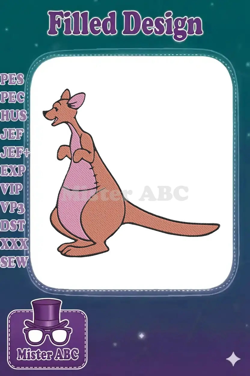 A full-color digital embroidery design of a happy, standing cartoon kangaroo, featuring melon, rose, and black threads.