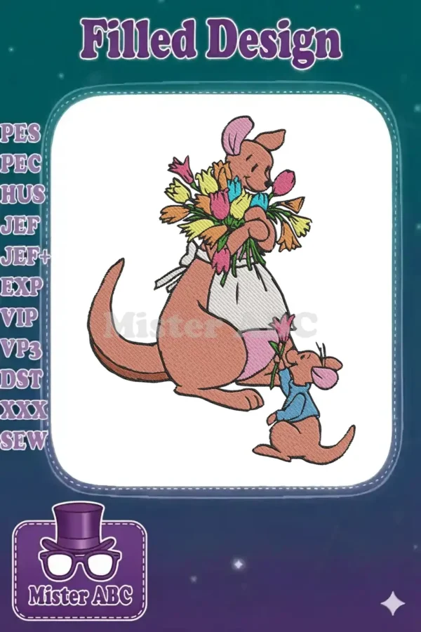 Kanga and Roo embroidery design featuring the mother kangaroo holding a large floral bouquet, with Roo offering a single flower.