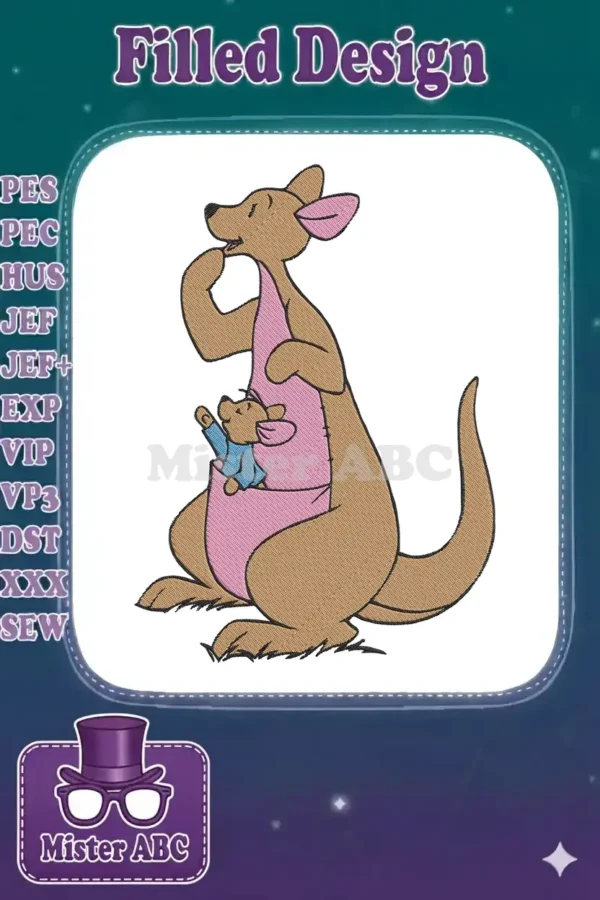 A heartwarming embroidery design of Kanga holding her joey, Roo, in her pouch, rendered in classic cartoon style.