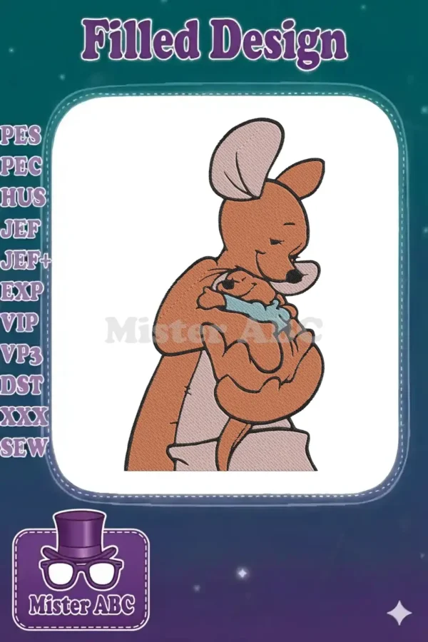 Embroidery of Kanga holding baby Roo, showcasing their tender bond in a classic, heartwarming Disney style.