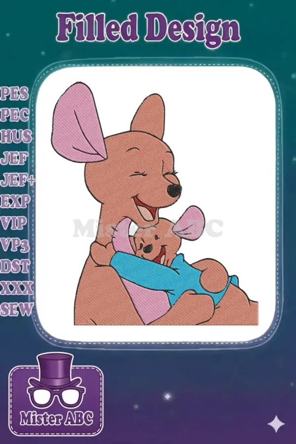 Close-up of Kanga embracing Roo, a heartwarming embroidery design featuring intricate fill and outline stitches.