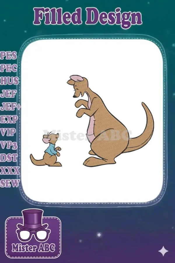 Full color embroidery design of Kanga and Roo, the beloved mother and son kangaroos from Winnie the Pooh.