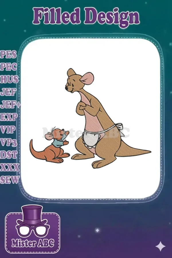 Embroidered design of Kanga in an apron with her baby Roo in a blue shirt, reaching up, on a white background.