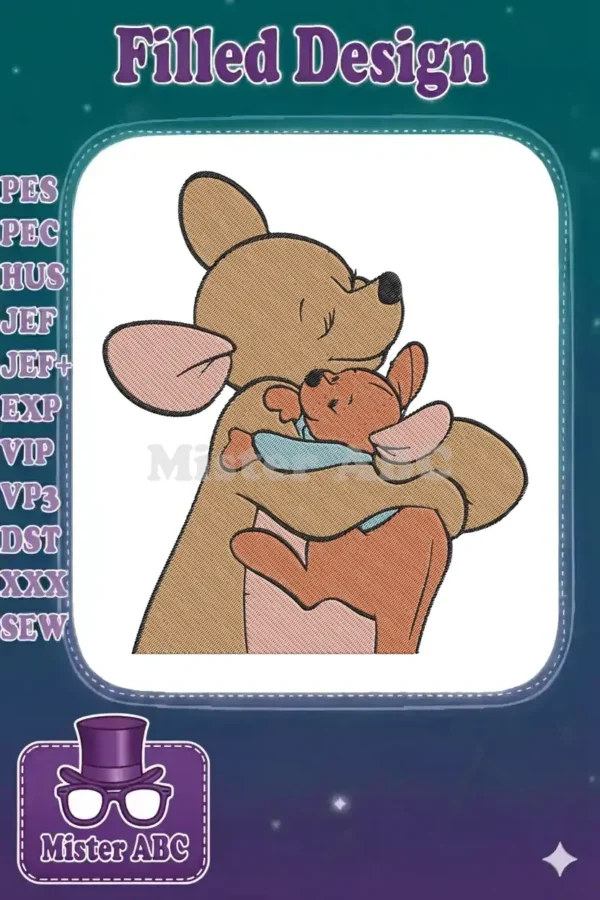 A heartwarming embroidery design showcasing Kanga gently embracing a sleeping Roo, filled with love and warmth.