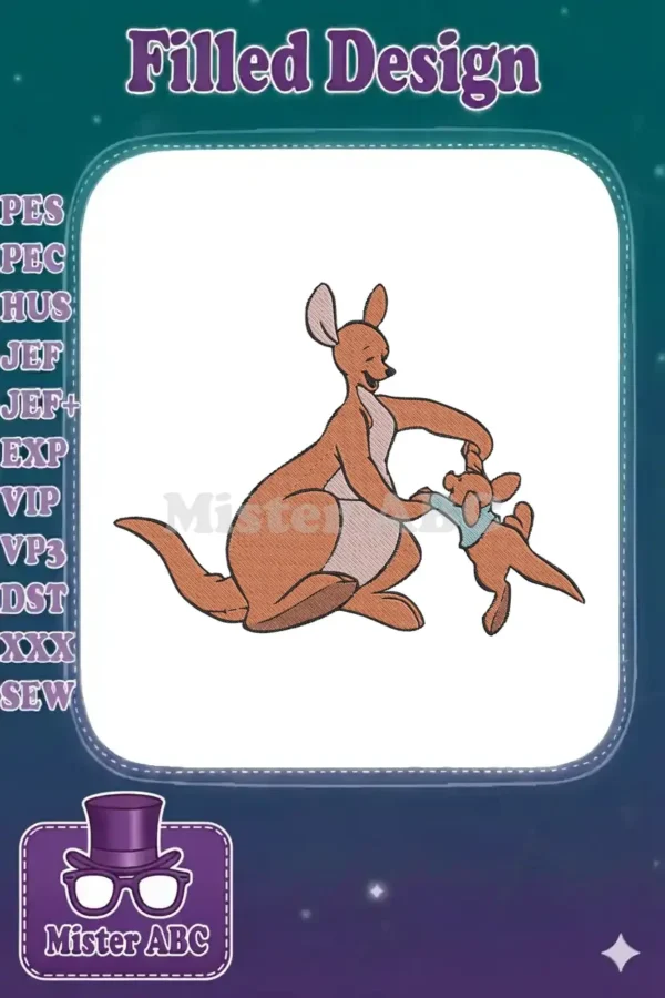 Kanga, the mother kangaroo, joyfully holding her baby Roo from Winnie the Pooh in a delightful embroidery design.