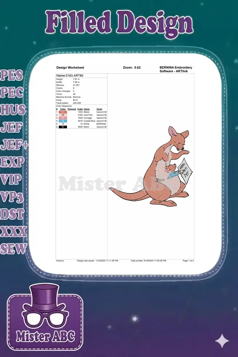 Embroidery design worksheet for Kanga and Roo, detailing dimensions, stitch count, colors, and machine info.