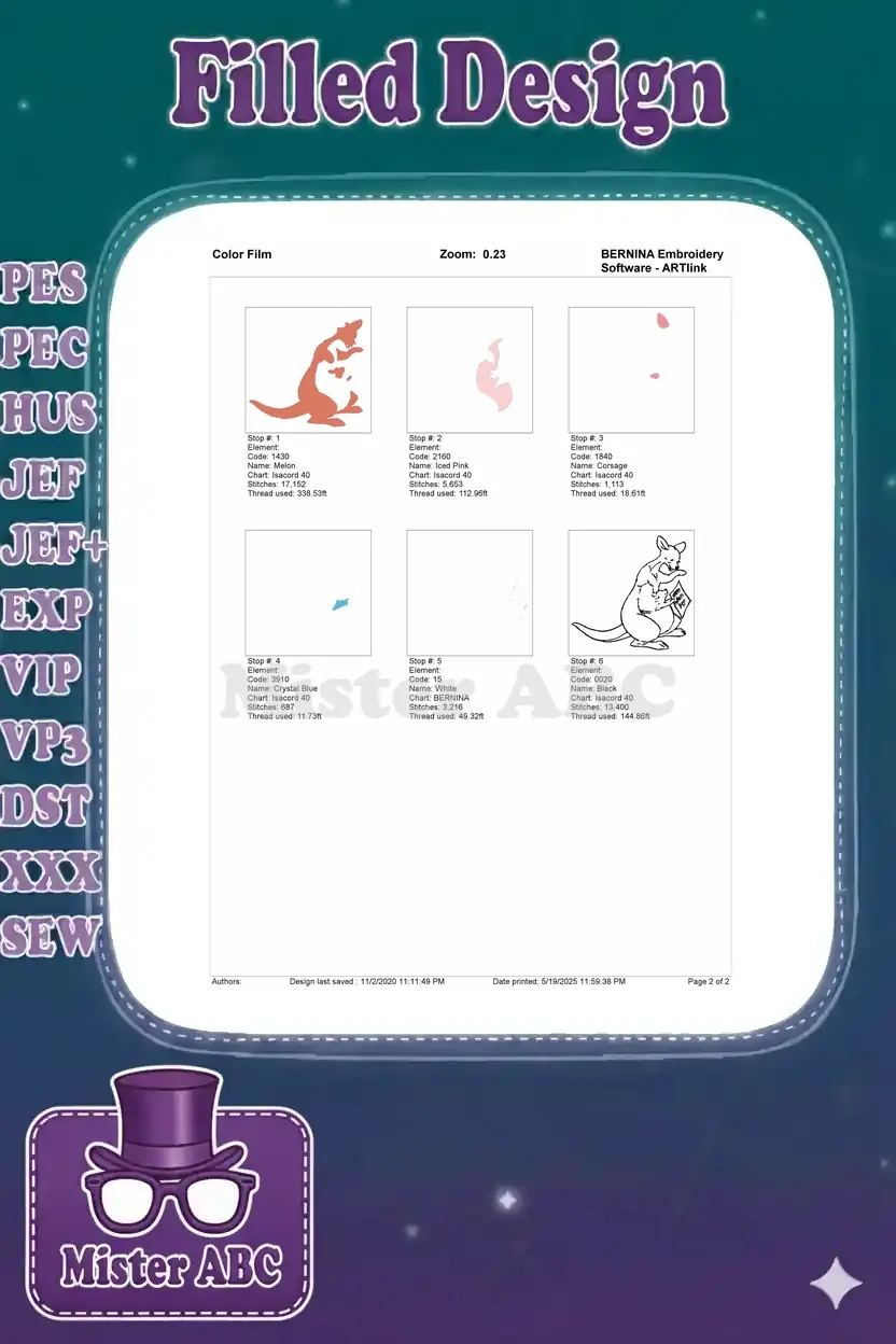 Color film breakdown for Kanga and Roo embroidery, showing the intricate stitching sequence by color.