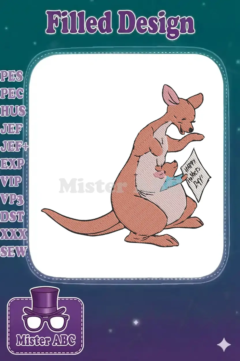 Close-up embroidery of Kanga holding baby Roo, who presents a 'Happy Mother's Day' sign with love.