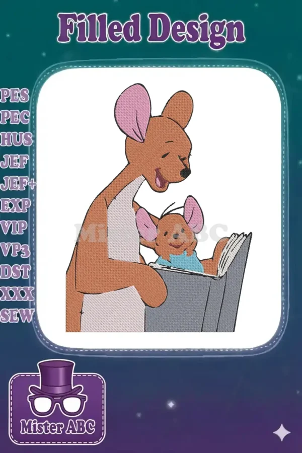 Kanga and Roo from Winnie the Pooh enjoying a book together, a charming and detailed embroidery design.