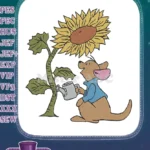 Cute kangaroo watering sunflower embroidery designs for kids - Instant Download