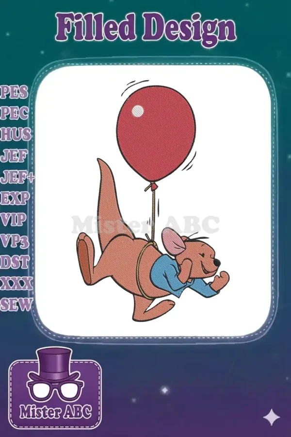 Delightful Roo from Winnie the Pooh, happily running or floating with a bright red balloon. A charming embroidery design.