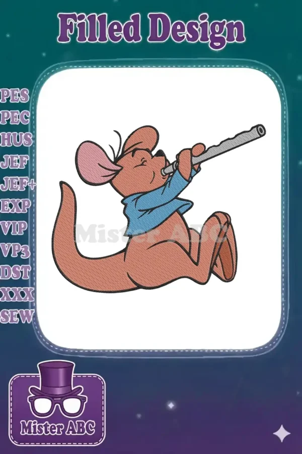 Embroidery design featuring Roo, the joey from Winnie the Pooh, happily playing a silver flute or recorder, with vibrant colors.