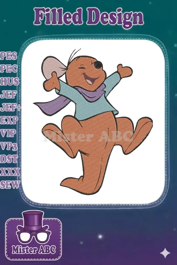 A joyful embroidered image of Roo from Winnie the Pooh, arms outstretched, wearing a blue shirt and purple scarf.