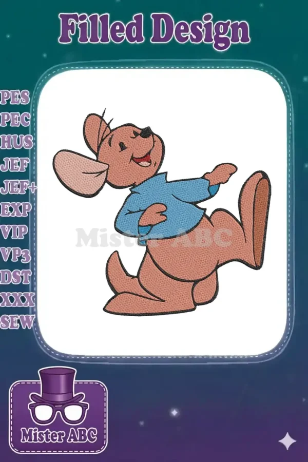 An adorable embroidered Roo from Winnie the Pooh, mid-jump, wearing a blue shirt, showcasing vibrant colors and fill stitch.
