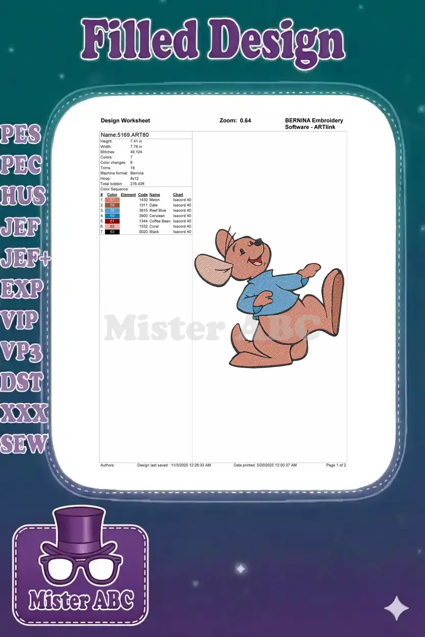 Embroidery design worksheet for Roo, detailing stitch count, dimensions, color sequence, thread types, and design preview.
