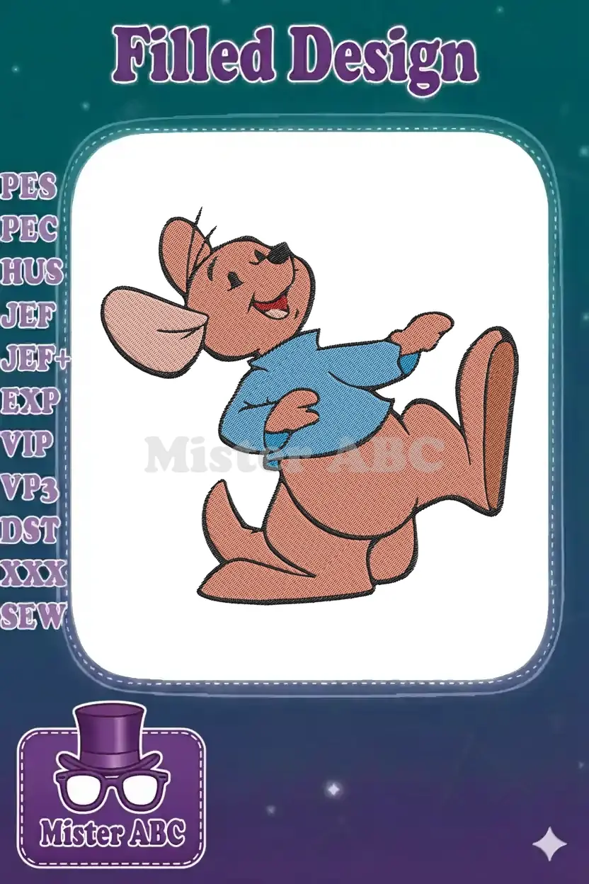 An adorable embroidered Roo from Winnie the Pooh, mid-jump, wearing a blue shirt, showcasing vibrant colors and fill stitch.