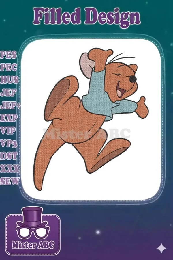 A vibrant, embroidered design of Roo from Winnie the Pooh, mid-jump with a joyful expression, wearing a light blue shirt.