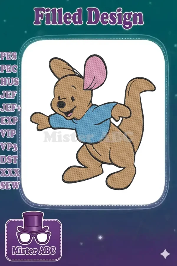 Close-up of an adorable embroidered Roo, the baby kangaroo from Winnie the Pooh, wearing a blue shirt, with detailed fill stitches.