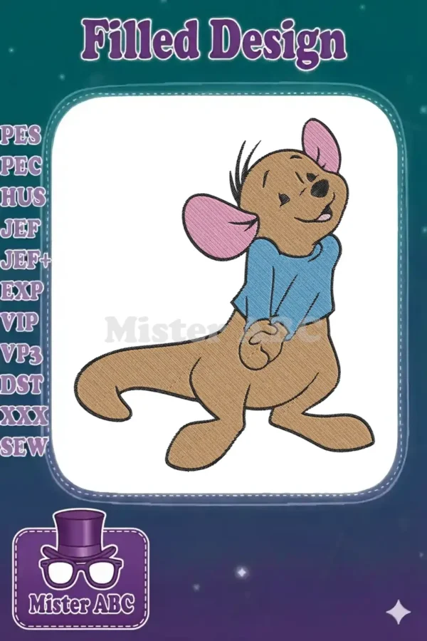 Embroidered design of Roo from Winnie the Pooh, a brown kangaroo joey wearing a blue shirt, looking playful.