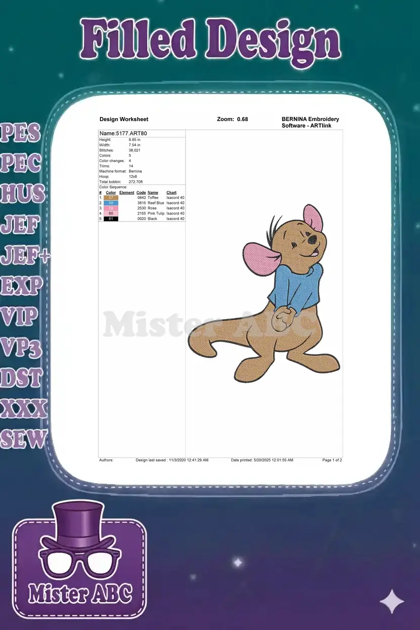 Embroidery design worksheet for Roo, detailing stitch count, dimensions, color sequence, and machine format.
