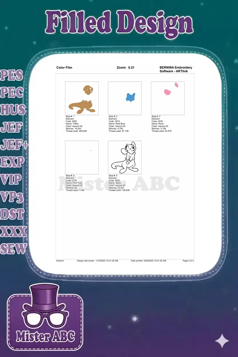 Color film breakdown of the Roo embroidery design, showing individual color stops and stitch progression.